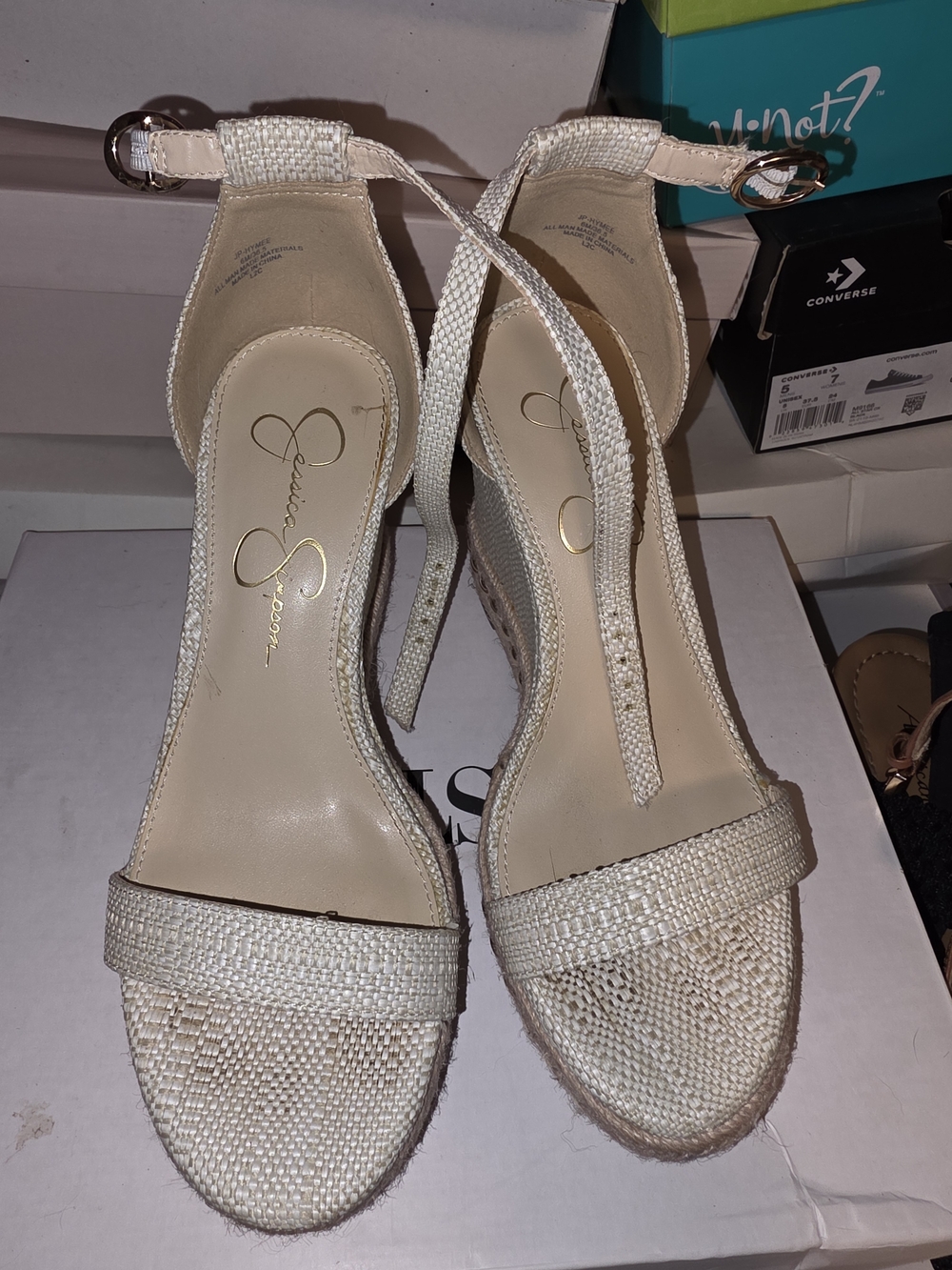 Jessica Simpson Beige Woven Ankle-Strap Wedges